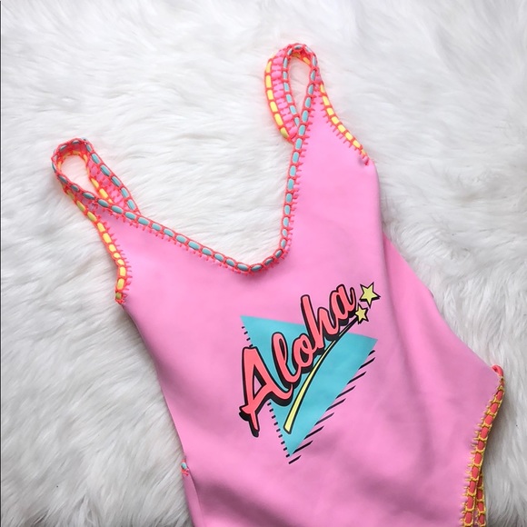 TOPSHOP NEON PINK ALOHA ONE PIECE SWIMSUIT - Picture 4 of 5
